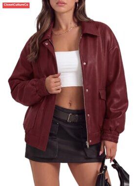 Faux Leather Jacket Women Zip Up Motorcycle Outerwear